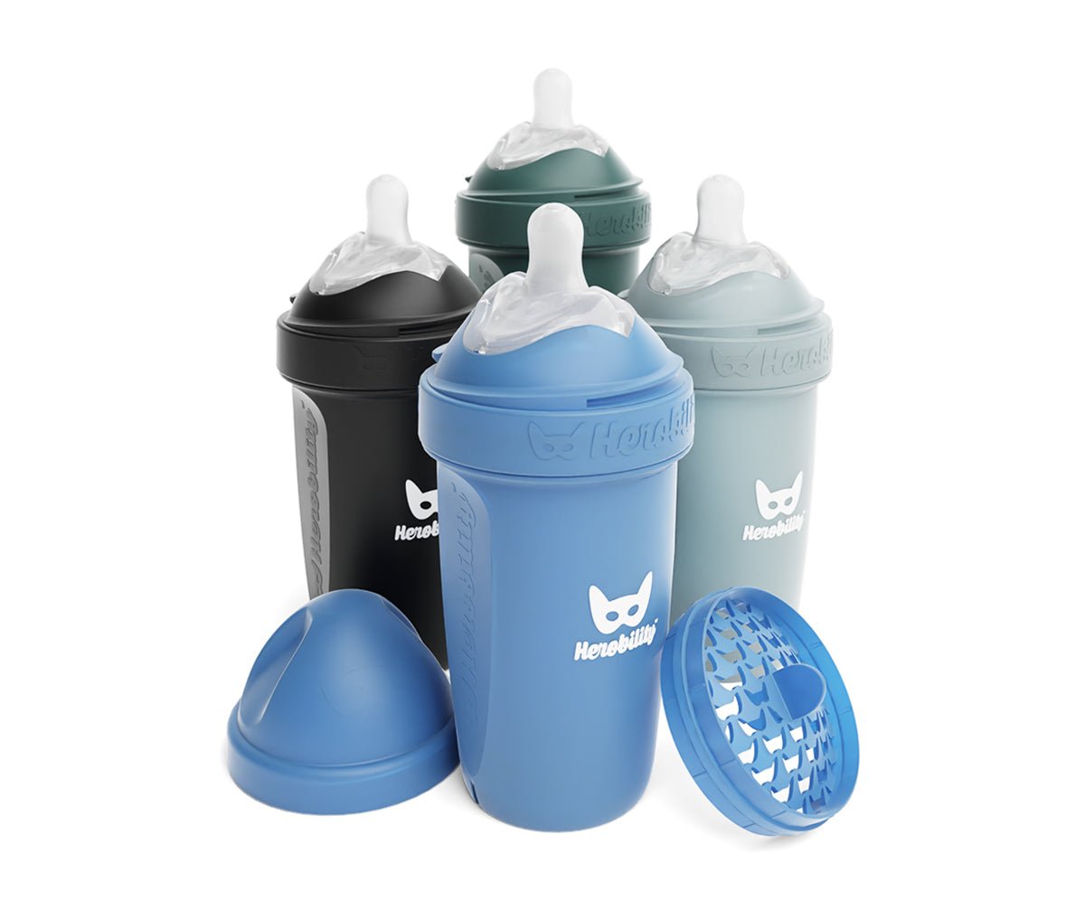 4-pack Nappflaskor 240 ml - Denim Blue, Svart, Dusky Green och Grå