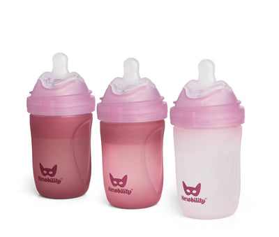 3-pack Nappflaskor i glas 220 ml, värmeindikerande med silikonhölje, Rose