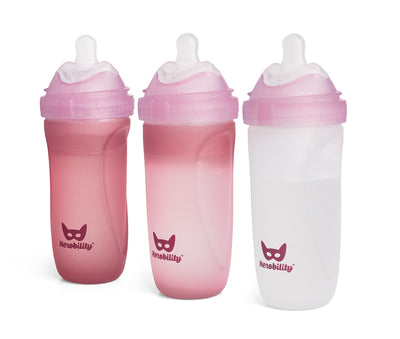 3-pack Nappflaskor i glas 320 ml, värmeindikerande med silikonhölje, Rose
